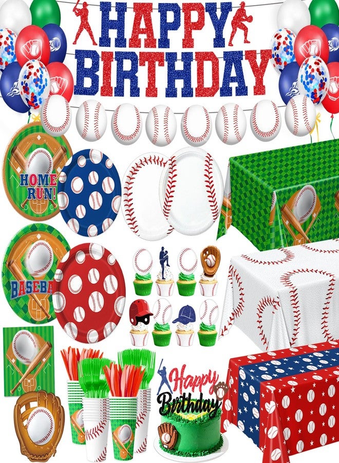 Oigco Baseball Birthday Decorations Set Includes Plates, Napkins, Cups, Cutlery, Cake & Cupcake Toppers, Banner, Hanging Swirls, Tablecloths, Balloons for Sports Baseball Party Decorations, Serves 24 - Image 1